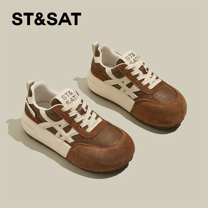 星期六复古拼色板鞋女士春秋厚底增高简约高级感单鞋美式时尚女鞋