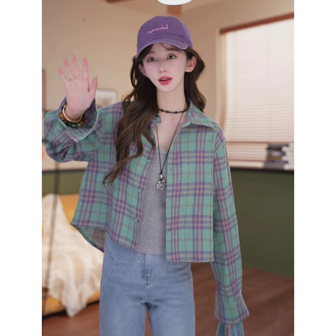 余紫绮【花棠】新款长袖衬衫女百搭上衣格子衬衫女ZW2023400