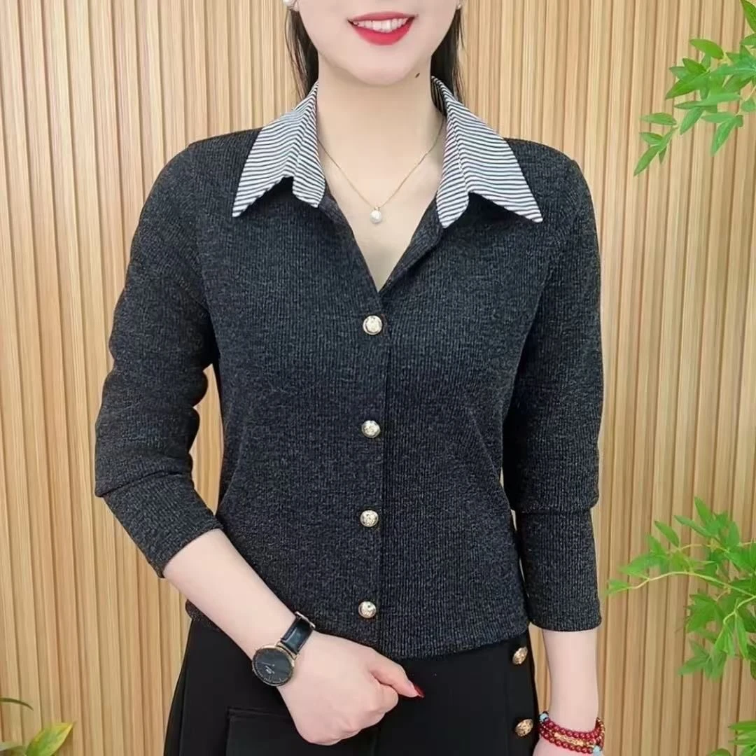 2025秋季新款洋气翻领撞色小衫中年女士衬衫长袖气质百搭套头上衣
