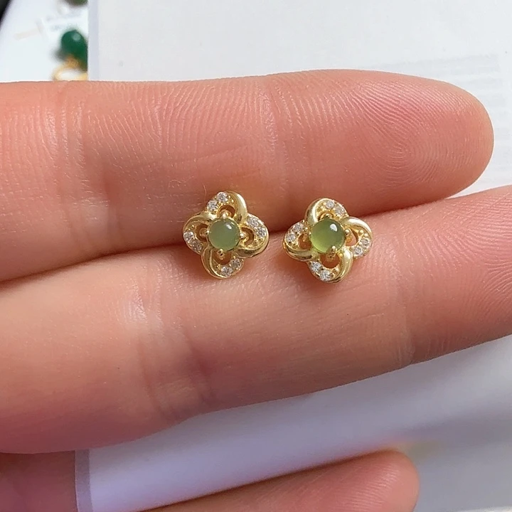 和田玉耳饰银S925镀金镶嵌