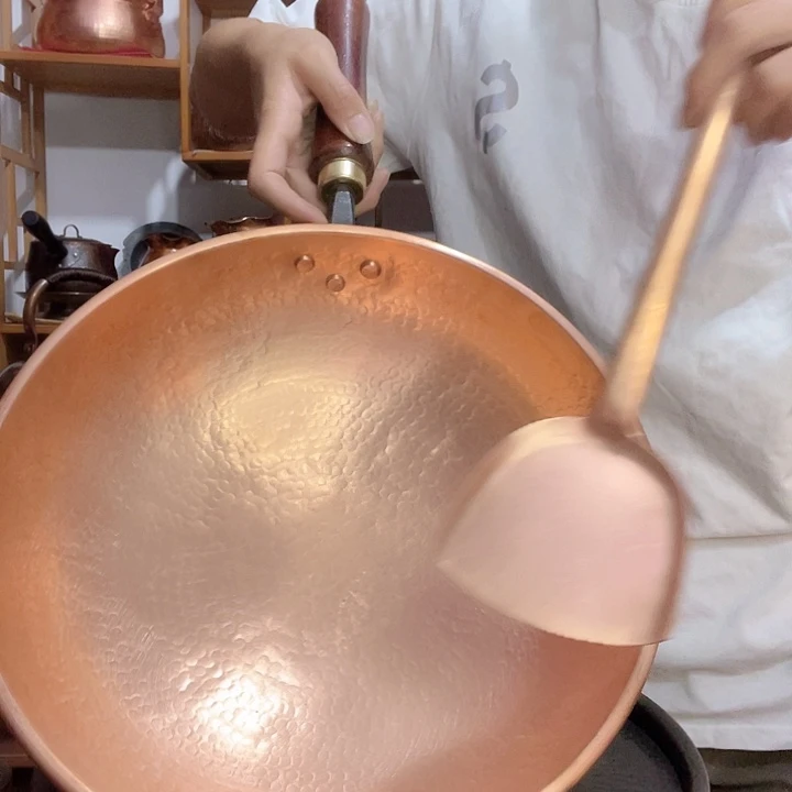 舌***愁金属紫铜纯铜炒锅加手工大勺