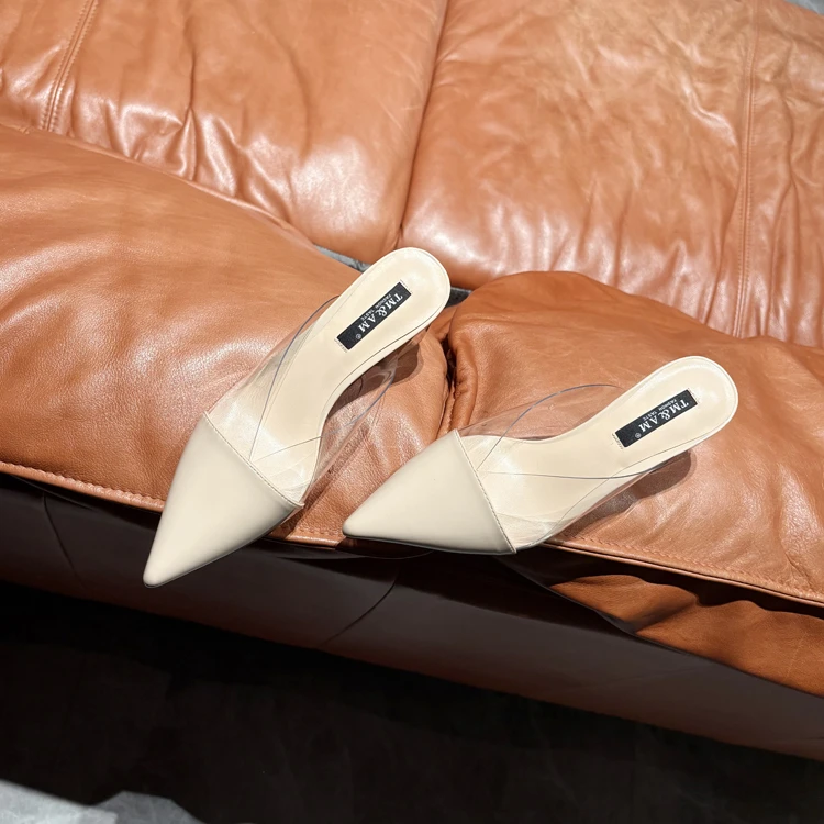 气质款~透明尖头粗跟包头拖女外穿2025夏新款凉拖鞋高跟鞋ins半拖