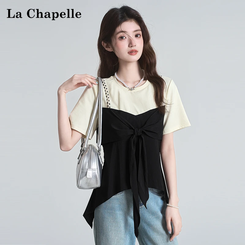 拉夏贝尔法式假两件修身显瘦短袖T恤女夏季设计感小众拼色上衣ins