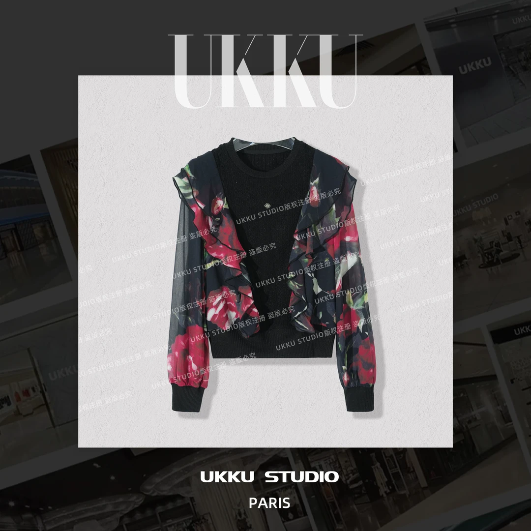 【UKKU STUDIO】小众百搭设计师轻奢休闲简约假两件女装T恤915319