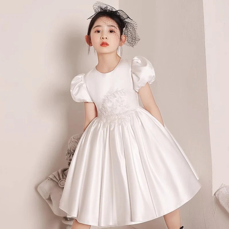 童泰【清仓】白色缎面花童小女孩婚礼服儿童主持人生日公主裙女