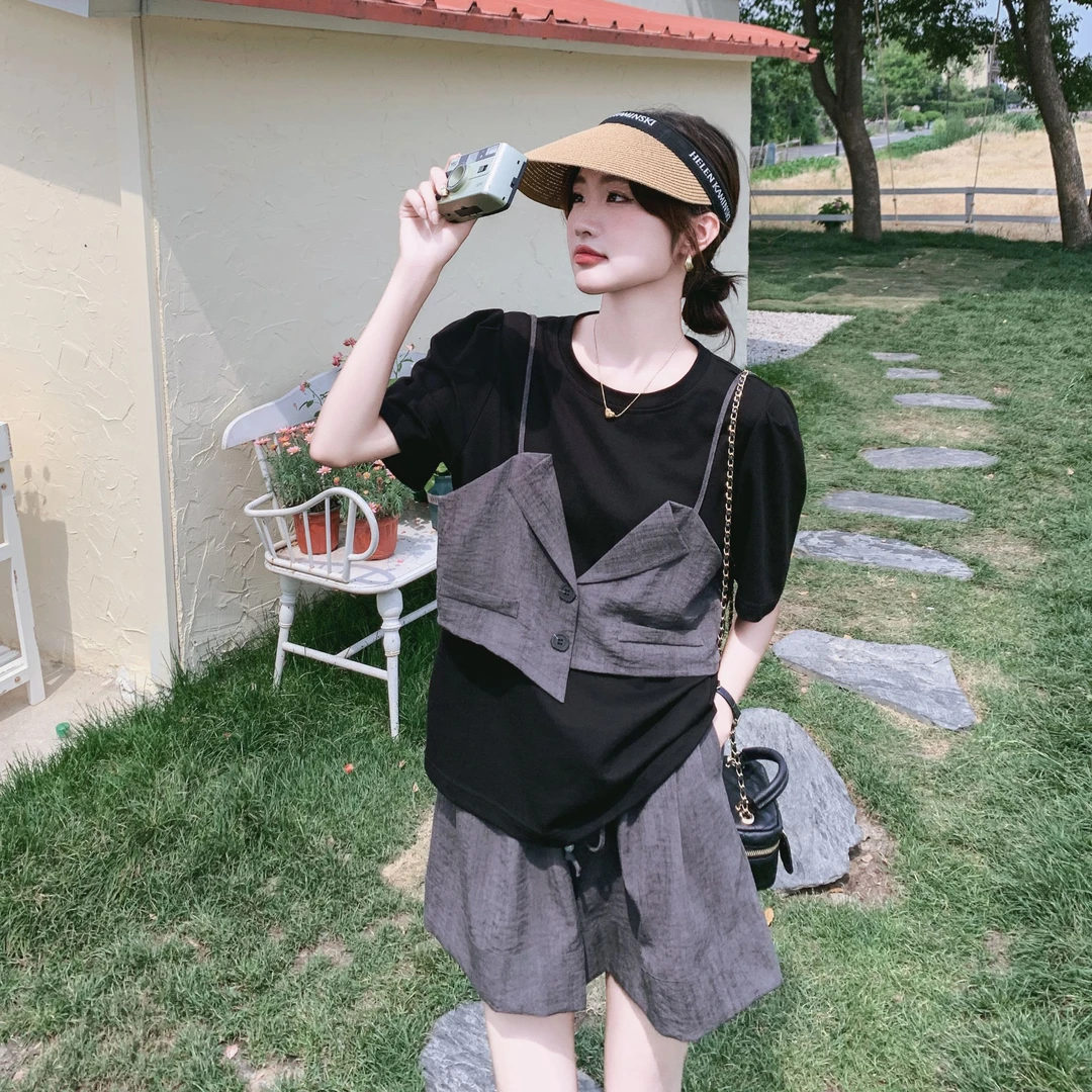 韩版设计款拼接假两件短袖上衣阔腿短裤套装女2025夏新款两件套