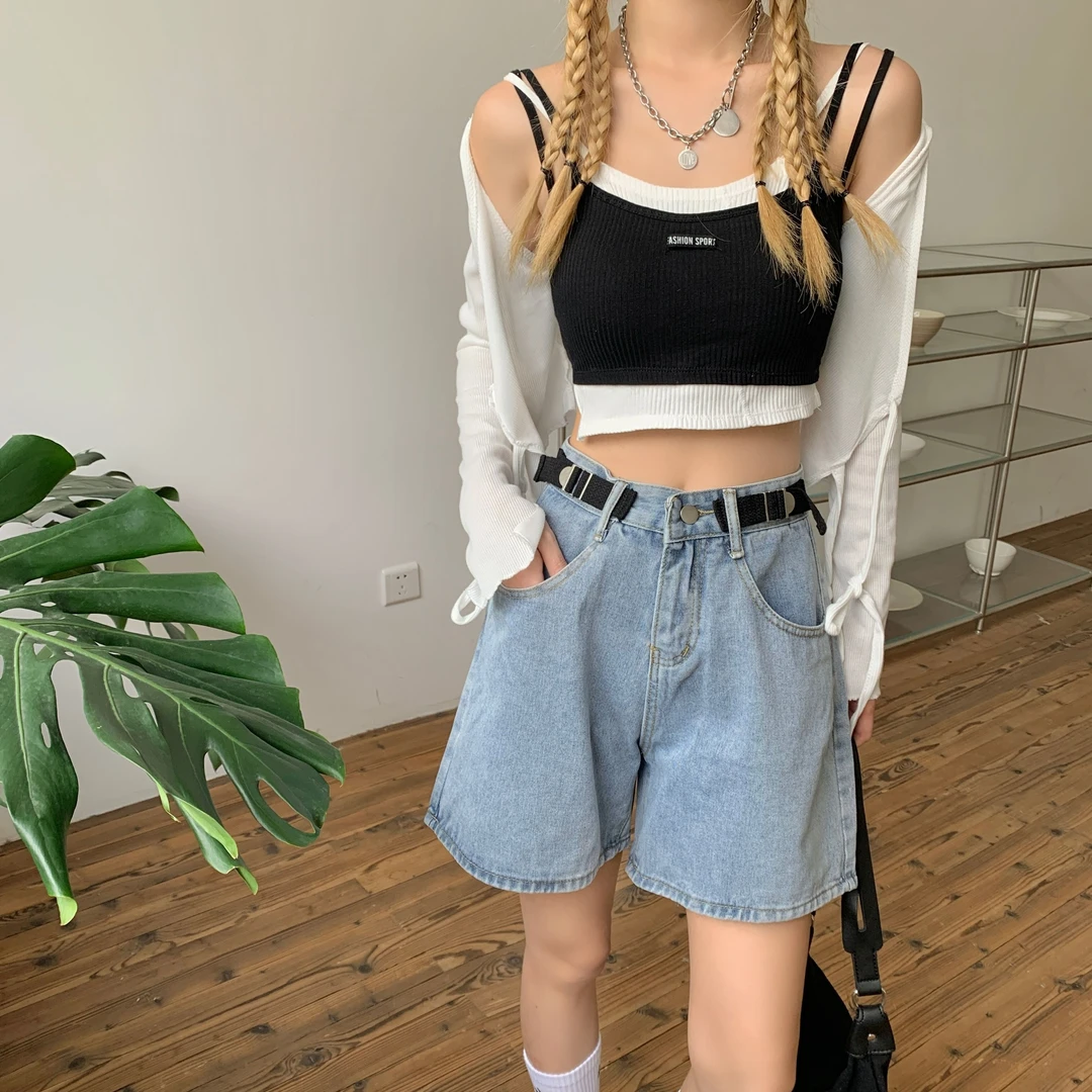 夏季新款可调节学院风软妹高腰宽松显瘦阔腿可调节四分牛仔短裤女