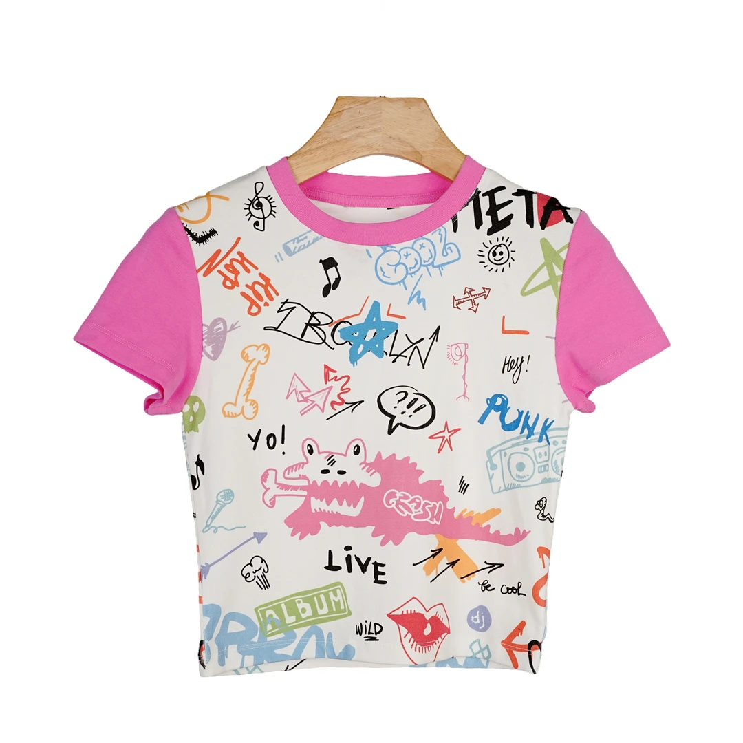 FAZX夏季新款流行爆款粉白拼色小短袖半袖高级感 胸围70 衣长42