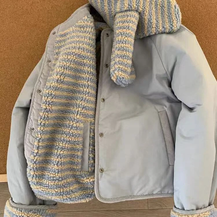 围巾韩系两面穿棉服外套2025冬季新款保暖宽松加厚上衣