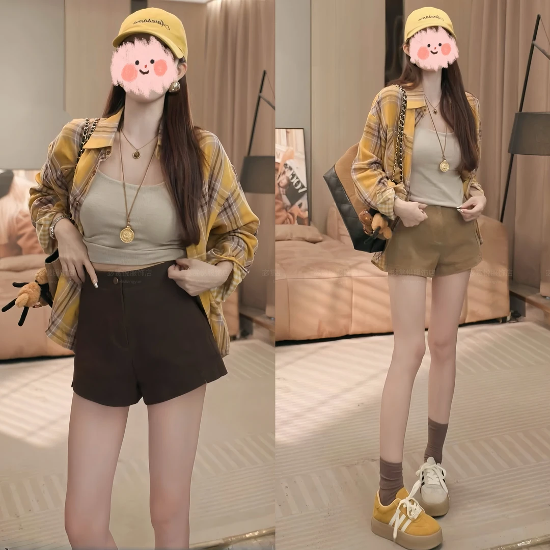 2025秋冬新款韩版宽松休闲防晒衬衣百搭打底背心时尚显瘦短裤套装