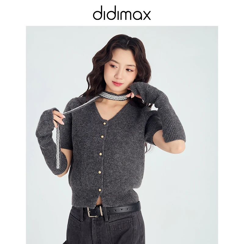DIDIMAX春季新款氛围感毛衣可拆卸袖子配蕾丝飘带针织开衫C22224