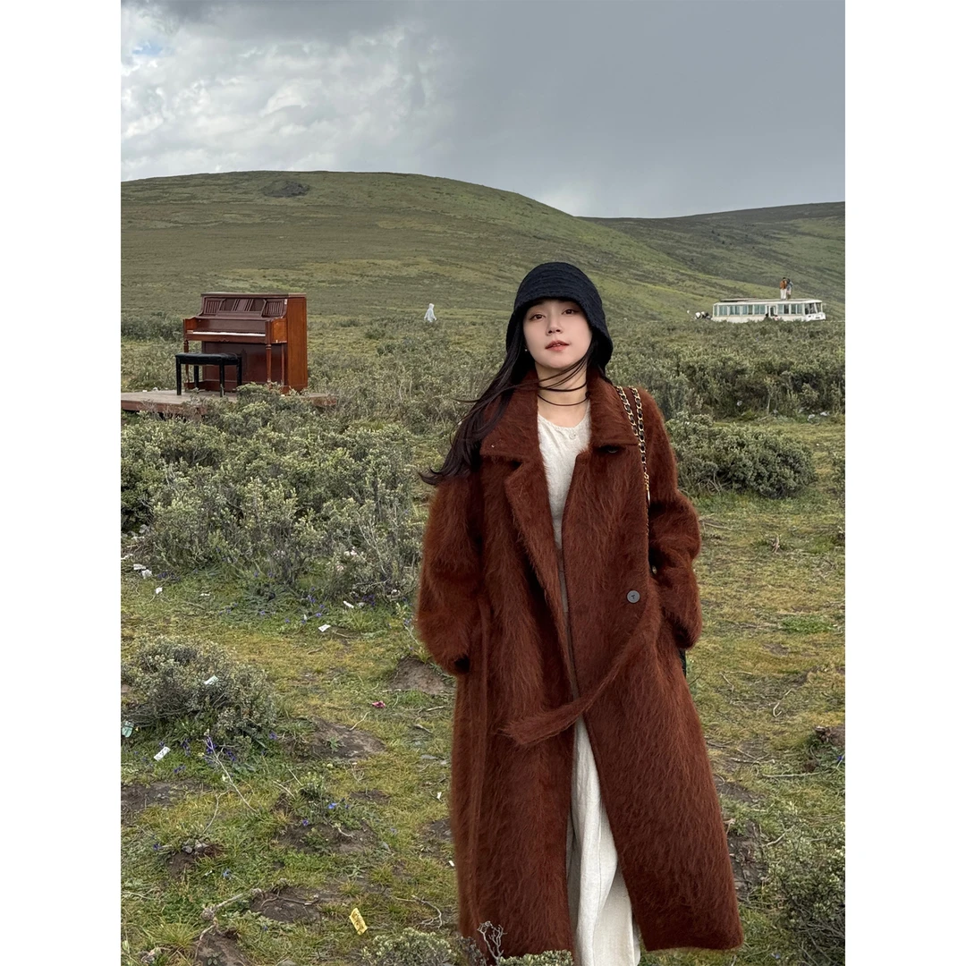 紫纨韩版安哥拉兔毛高端大衣女2025新款修身毛毛拉绒外套黑色大衣