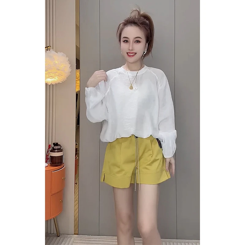 韩版设计感后扣底边抽绳长袖圆领衬衫2025夏新款宽松百搭防晒衫