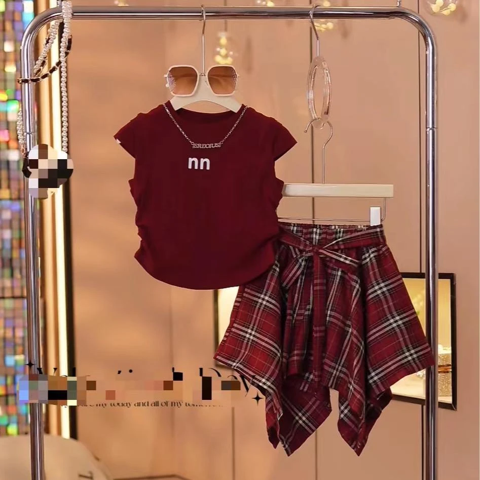 2025新款无䄂韩版时尚格子裙中大童夏季两件套