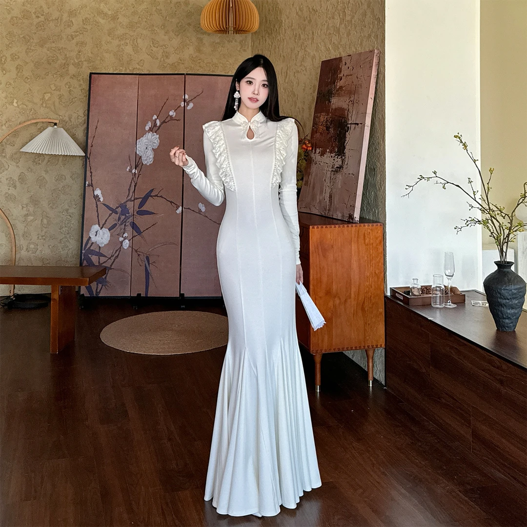 TITI  冬新中式旗袍领拼接珍珠木耳边蕾丝气质款长裙鱼尾裙女