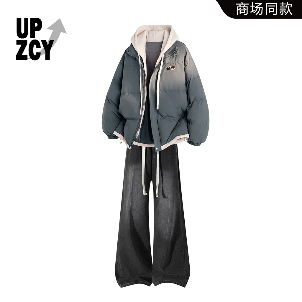 UPZCY休闲棉服套装男秋冬加厚保暖棉衣外套宽松复古牛仔裤两件套