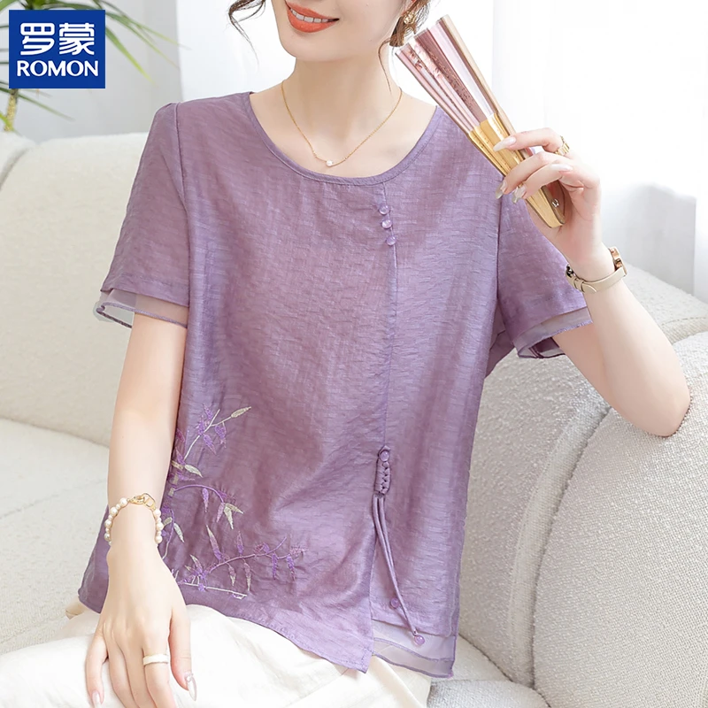 罗蒙母亲节妈妈夏装棉麻短袖套装新款洋气中老年女夏季休闲两件套