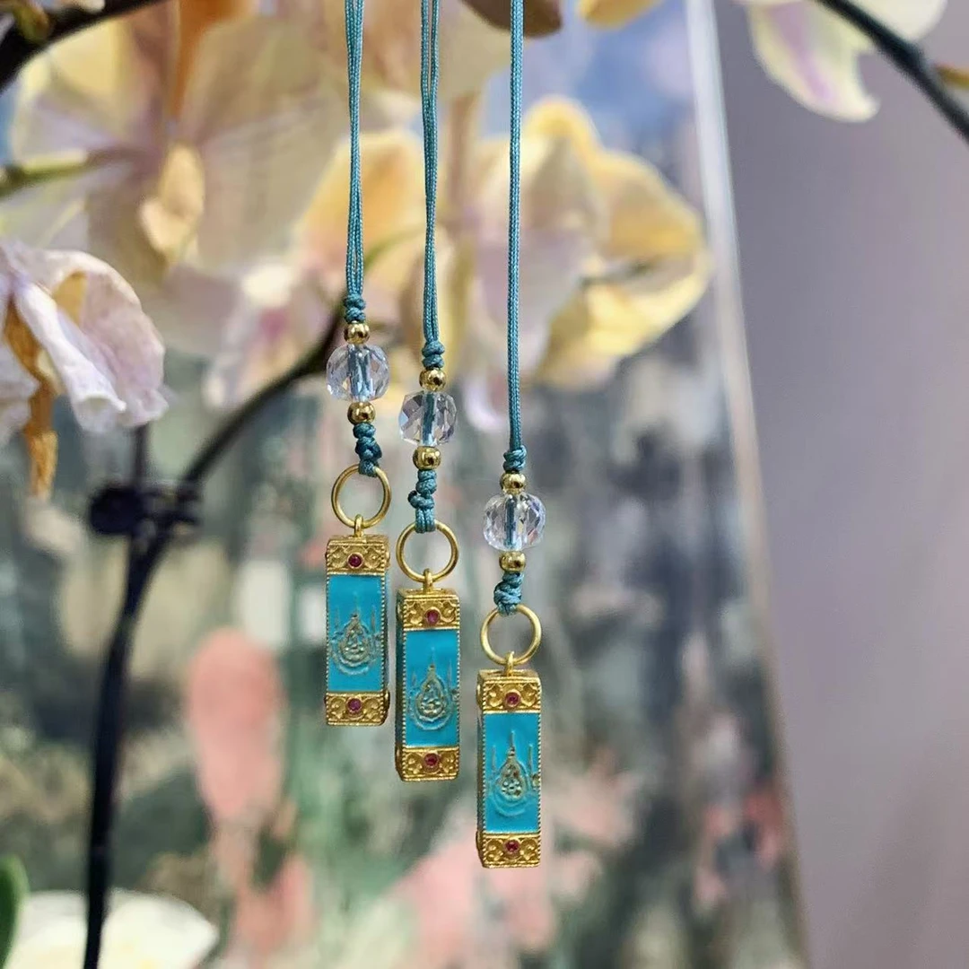 925银银制品 s925银烧蓝工艺五条经文手机钥匙扣 多样性发货x1件