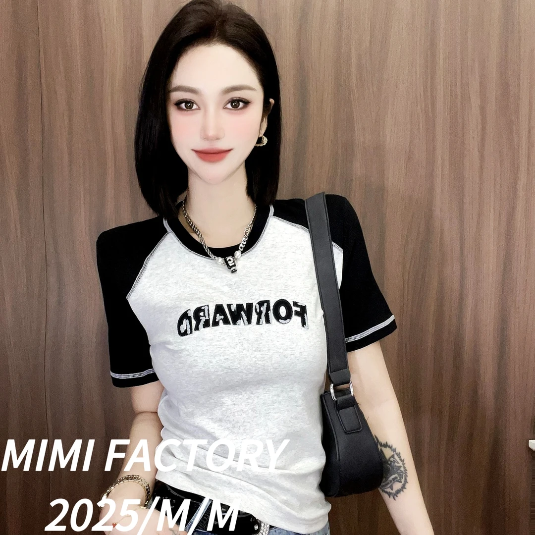 芈芈 2025新款短袖 插肩撞色字母刺绣短袖T恤女修身显瘦上衣2559