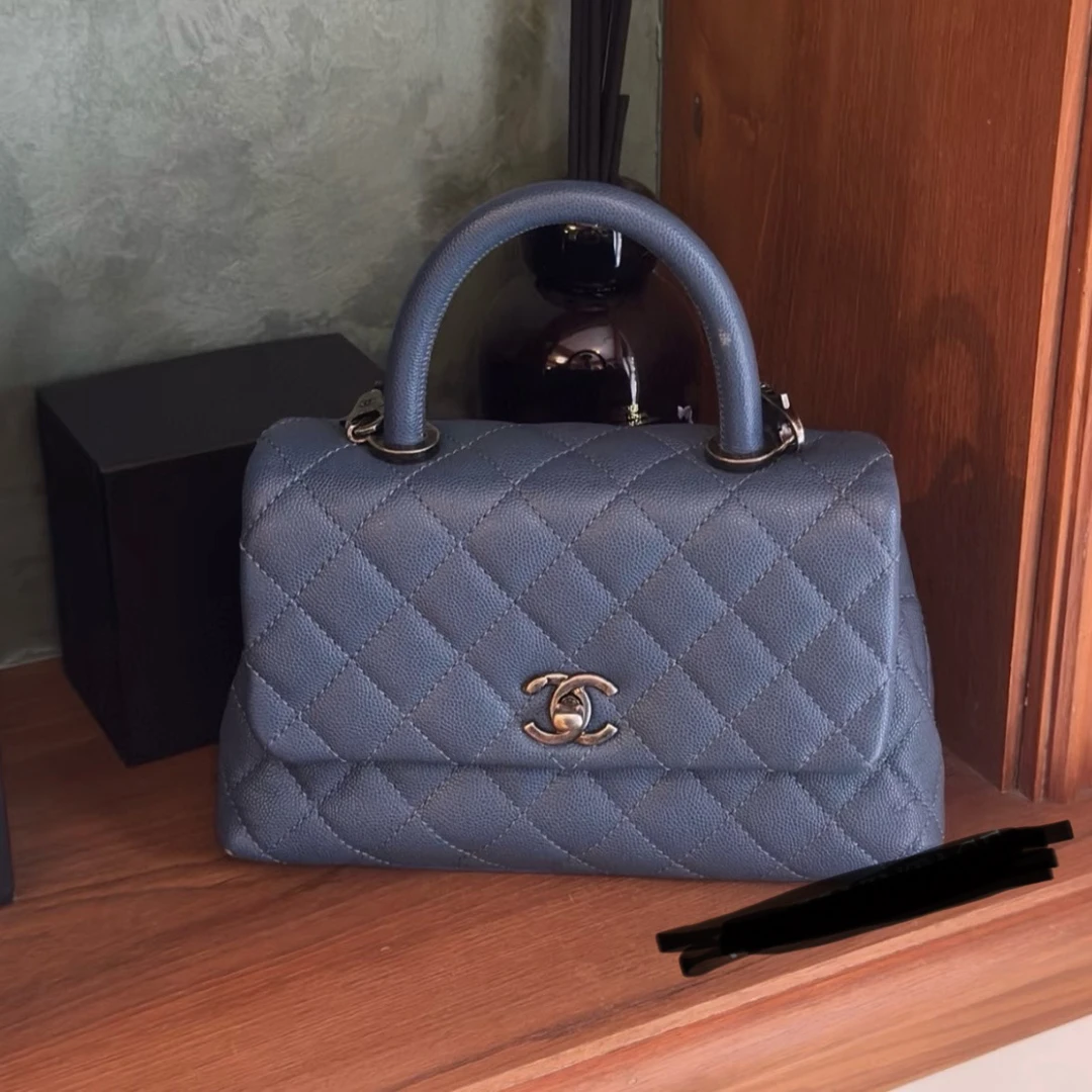 95新 Chanel/香奈儿 青奢荟/蓝色憨豆小号手提包//73711