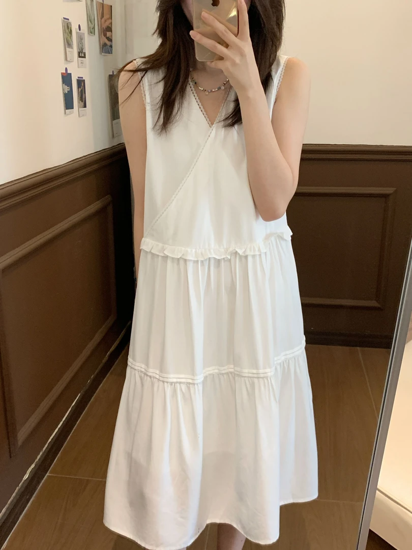 【Niche Young】气质白色夏季法式小众无袖甜美设计感连衣裙CX20304