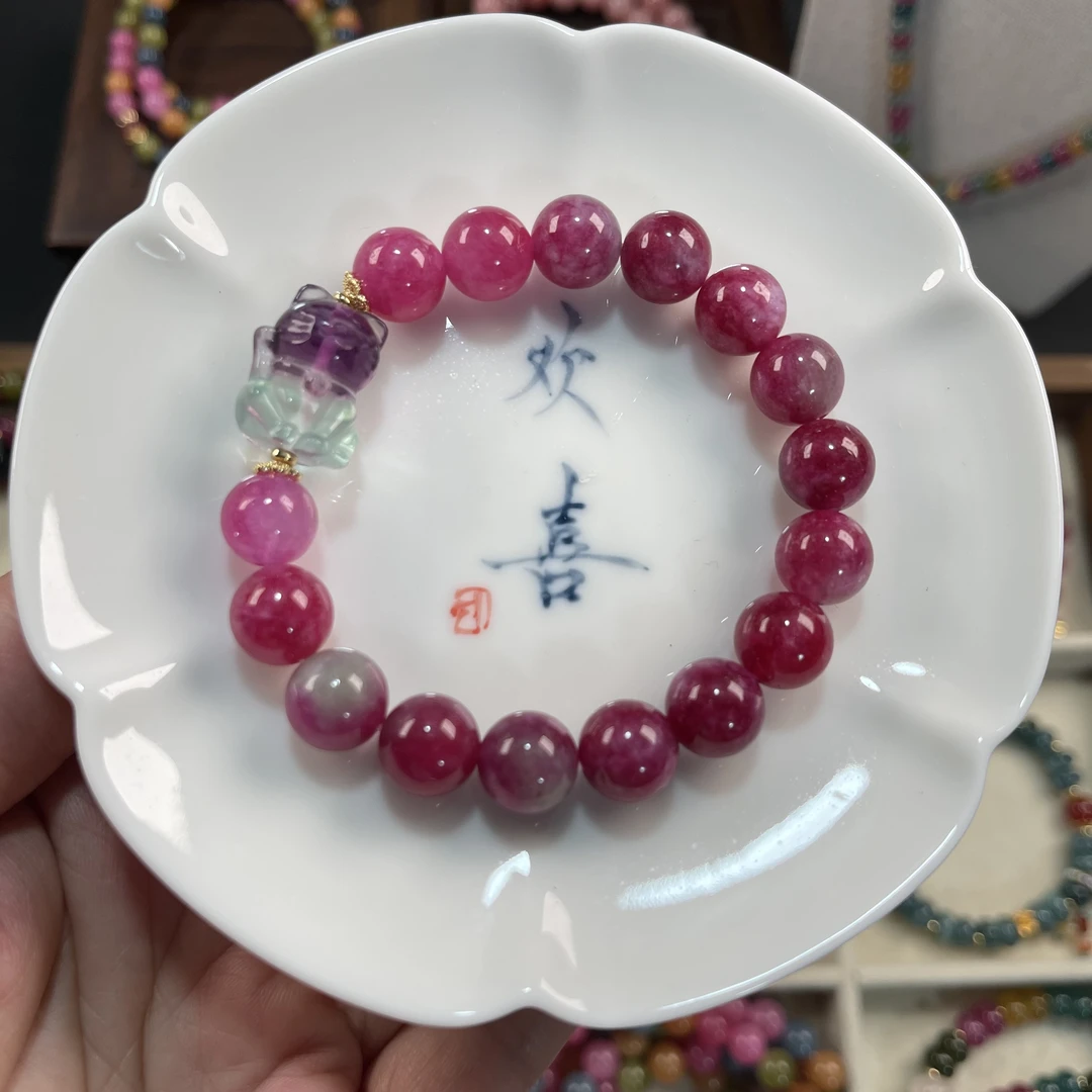 西瓜碧（10mm±）萤石招米猫单圈手串设计款 颜色多样性发货