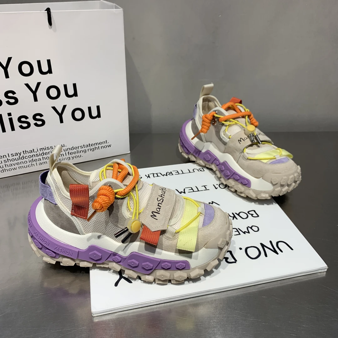 【雅】欧洲站扎结鞋子女2025夏季老爹鞋透气网面厚底丑萌运动鞋