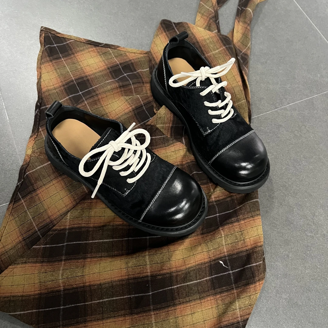 阮老板丨深口系带厚底圆头复古学院风秋冬季乐福鞋黑色皮鞋马毛