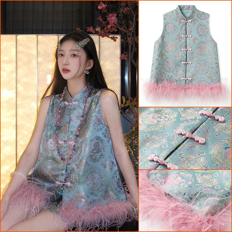 现货高端早秋季新中式缎面毛毛可拆马甲2025新款国风气质提花背心