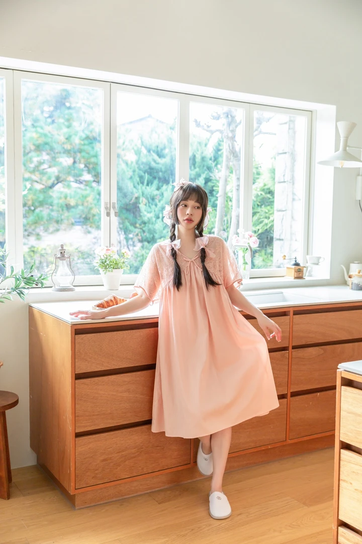 【特价】YQ蕾丝温婉风短袖全棉贡缎睡裙2401特价福利款