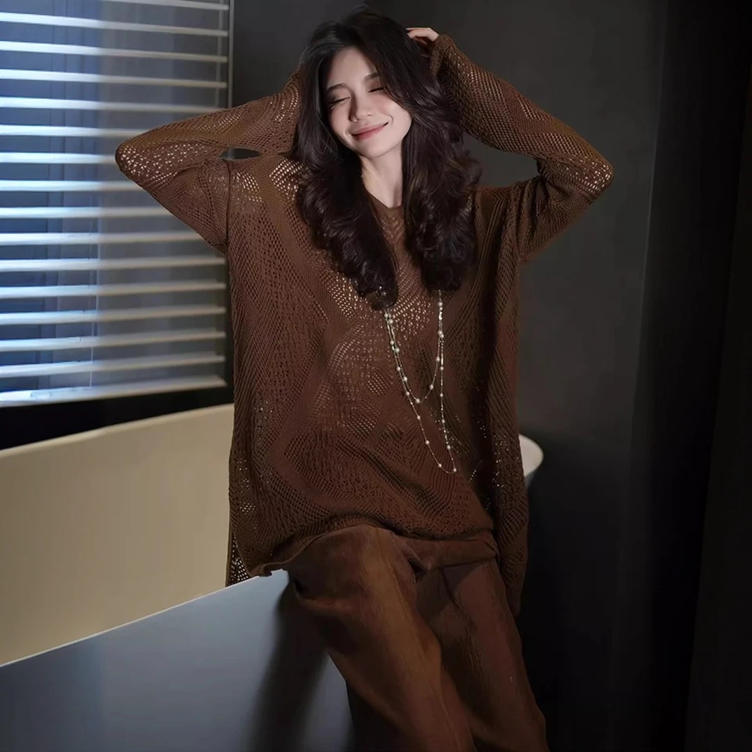 早秋巨好看的套装2025新款独特绝美咖色防晒针织罩衫阔腿裤两件套