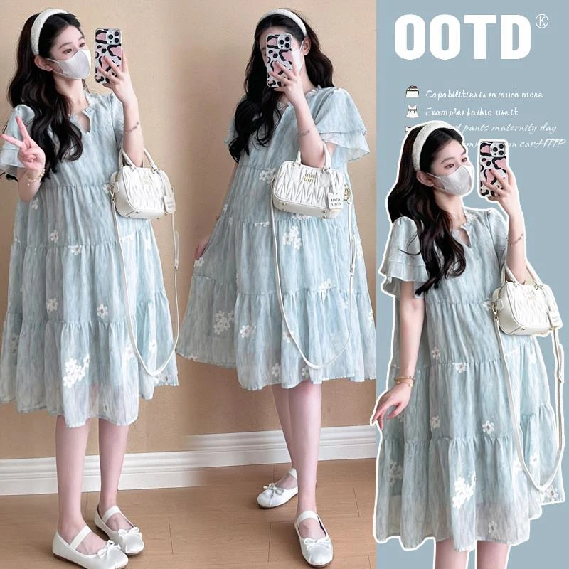 2025夏季新款时尚孕妇装刺绣雪纺纱晕染飞飞袖连衣裙孕妇裙中长款