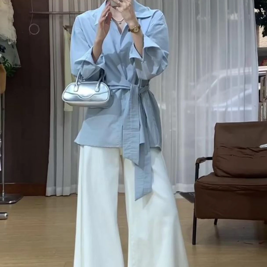 轻奢高级感系带衬衫女2025春夏新款高腰白色微喇牛仔裤两件套女潮