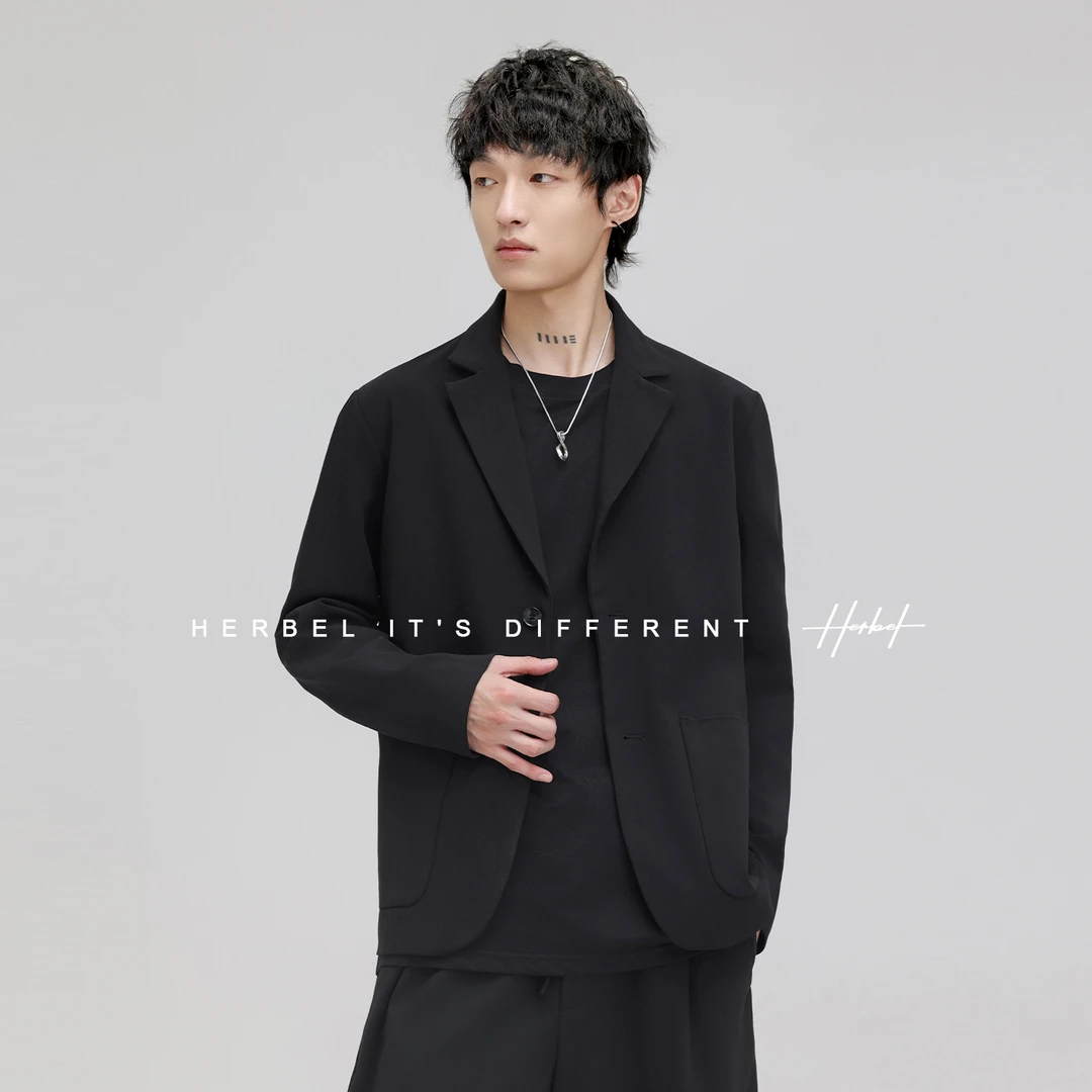 HERBEL/黑白男士简约休闲西装外套高级感宽松百搭设计商务西服