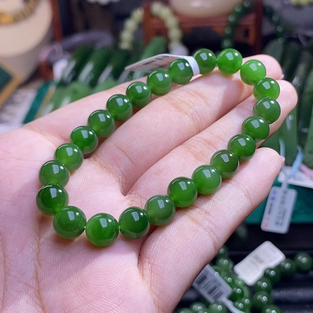 和田玉碧玉老矿辣绿冰底手串约8mm未镶嵌梦*