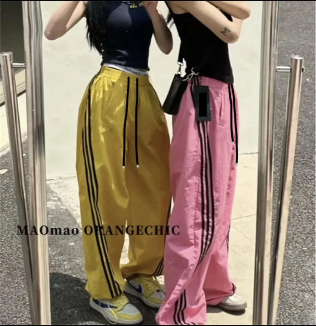 时尚松紧高腰阔腿裤韩版休闲裤直筒裤百搭拼色薄款