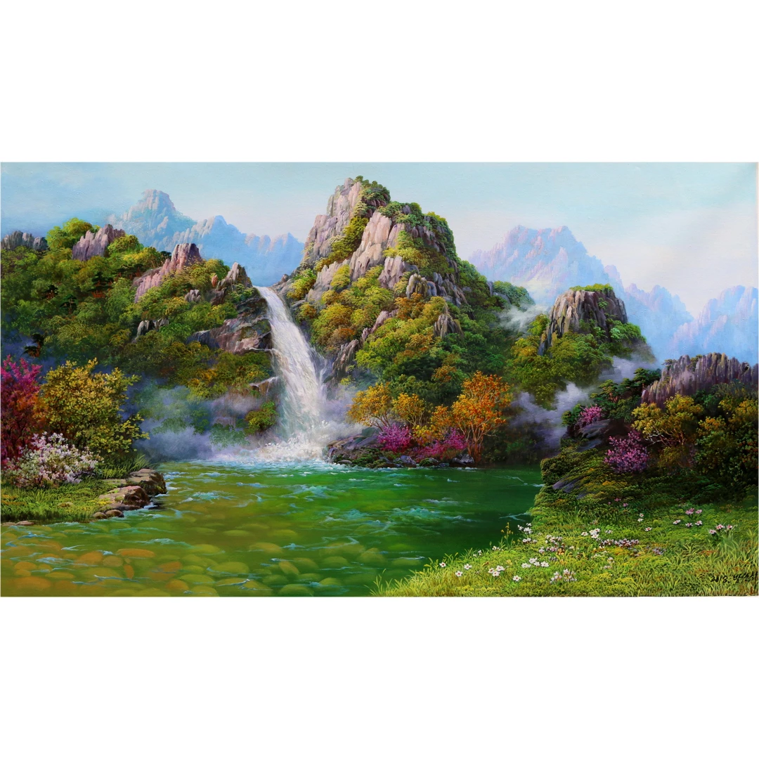 手绘油画原稿写实油画朝鲜 方善姬《溪谷春景》