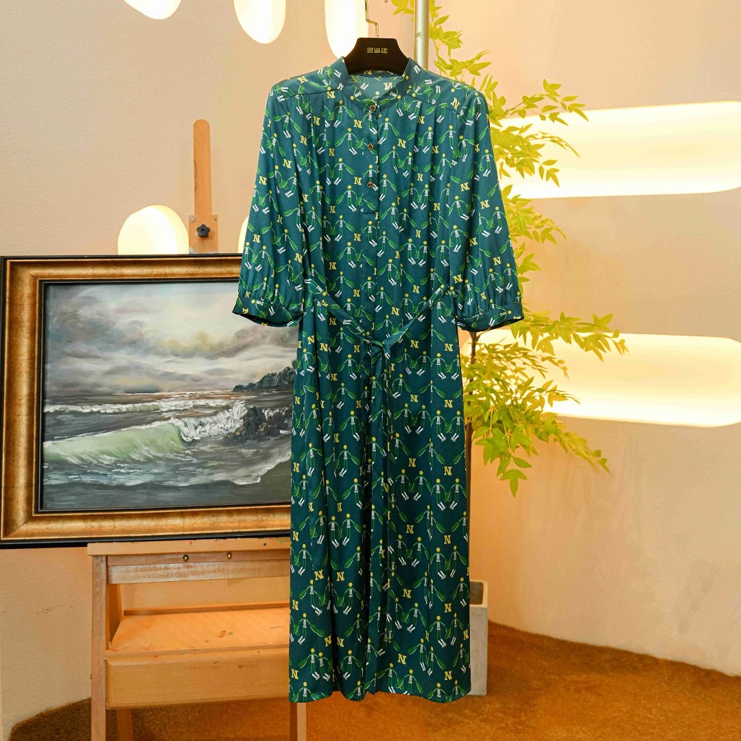 【金雀绫】新款桑蚕丝碎花气质时尚印花连衣裙百搭B23063绿色