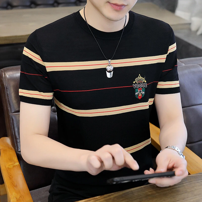 皮尔卡丹高档冰丝短袖T恤男夏季条纹针织半袖上衣服休闲帅气轻奢