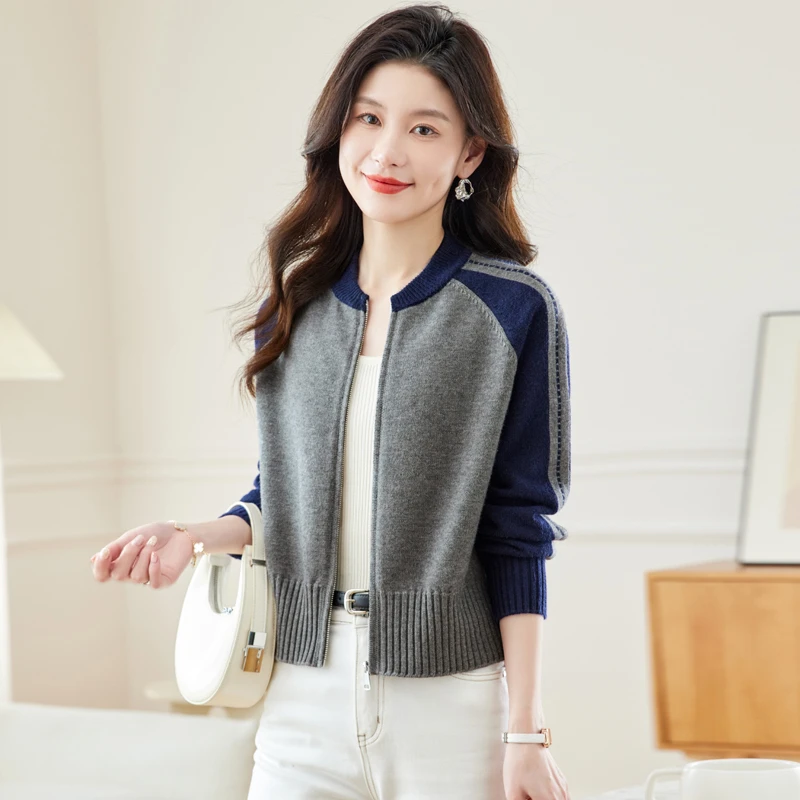 哥弟阿玛施正品秋季新款拼色圆领拉链针织开衫运动风休闲百搭通勤