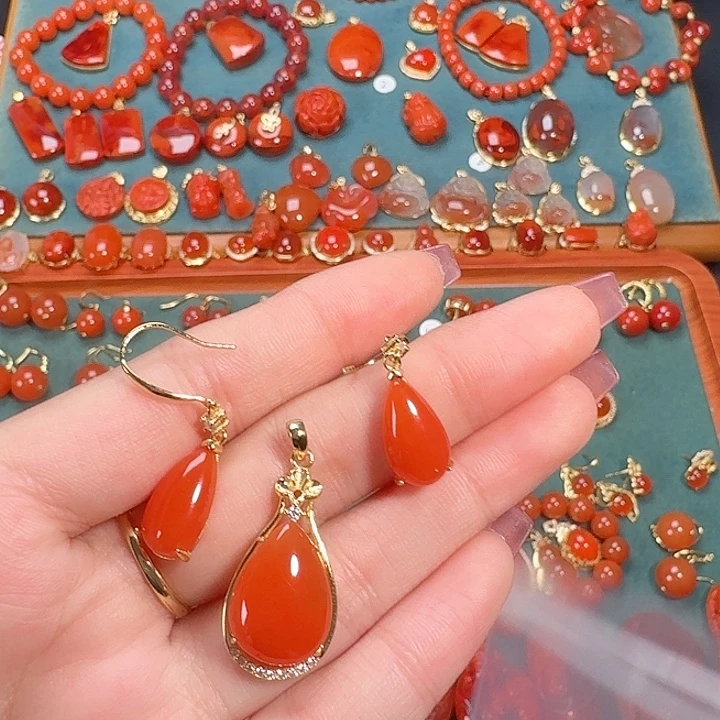 南红玛瑙银S925镶嵌一套