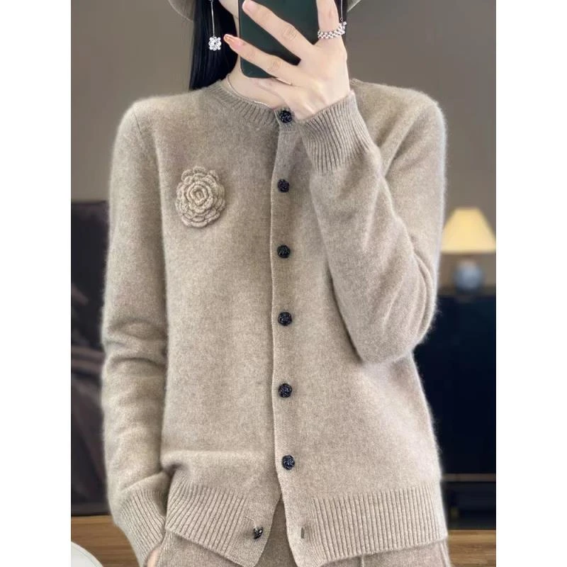 100%羊毛玫瑰花针织小香风简约风针织上衣圆领羊毛衫NJR894