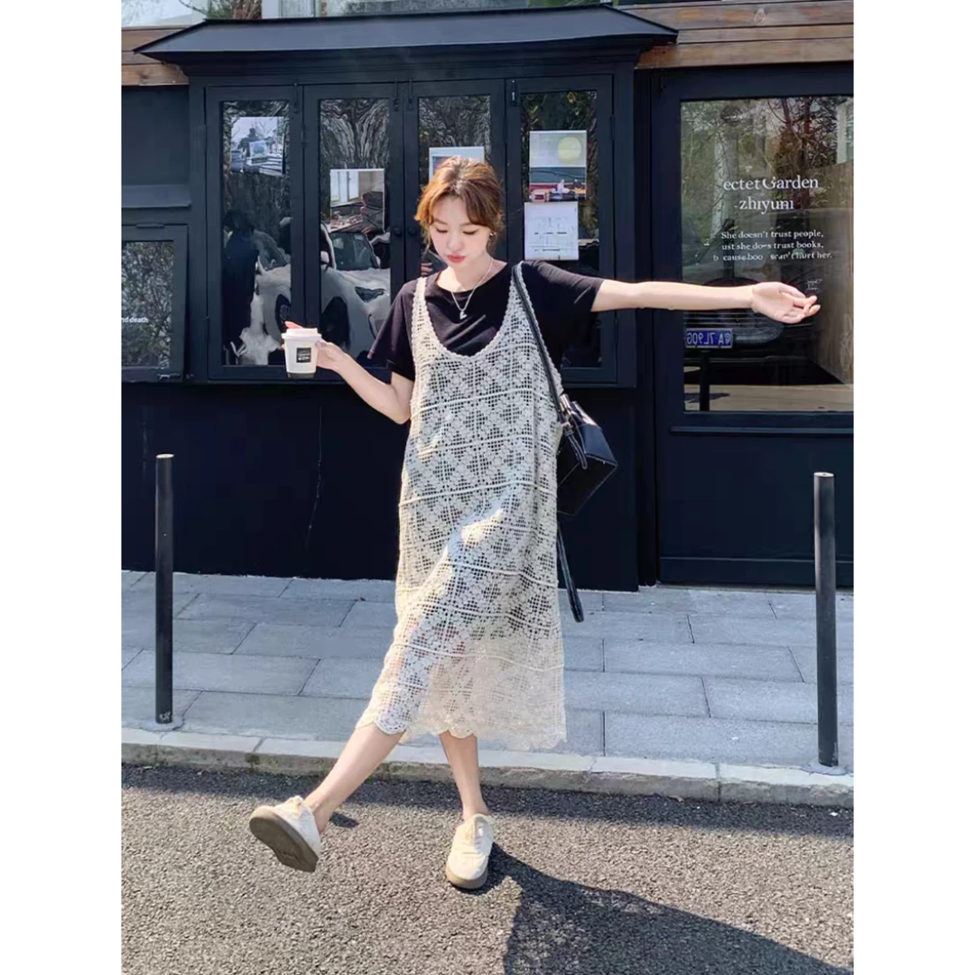 2025夏季时尚蕾丝镂空钩花连衣裙宽松外搭气质小众吊带裙子LYQ010