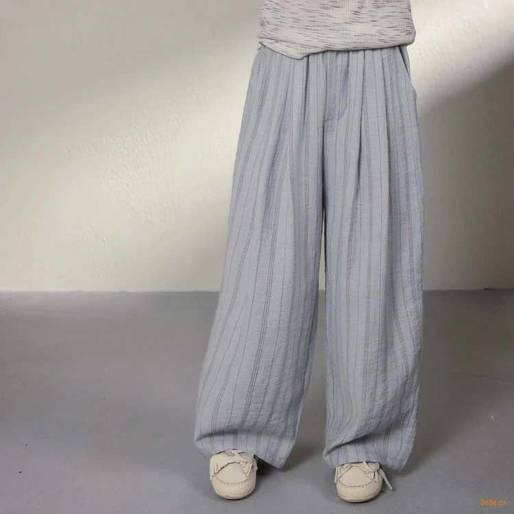 女童2025夏季新款中大童条纹亚麻阔腿裤D