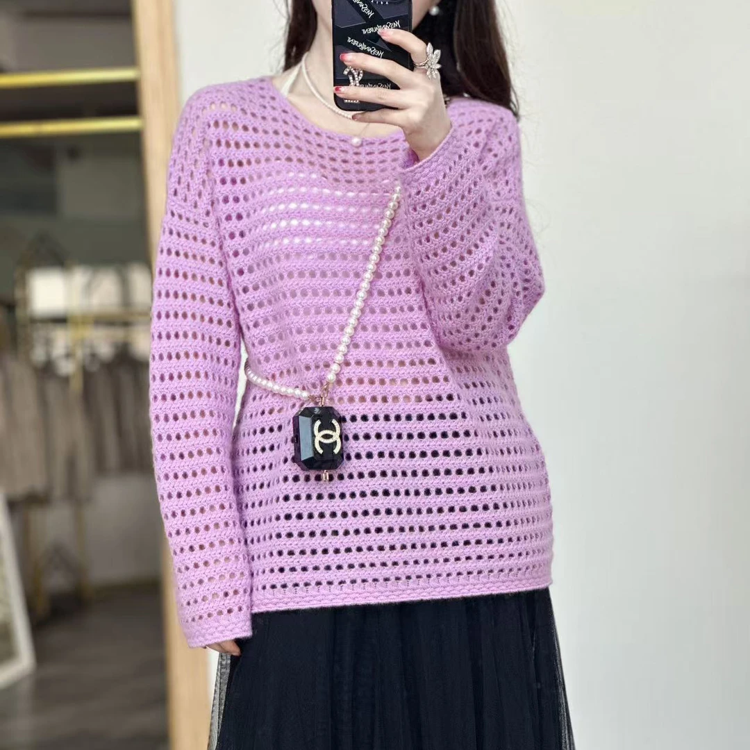 【卡诗米羊绒】23111横条挑孔山羊绒100%高定轻奢女款宽松上衣