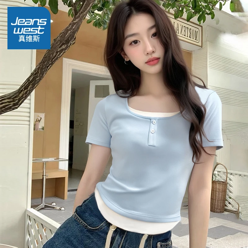 真维斯 假两件短袖t恤女2025夏季辣妹正肩独特超好看单穿短款上衣
