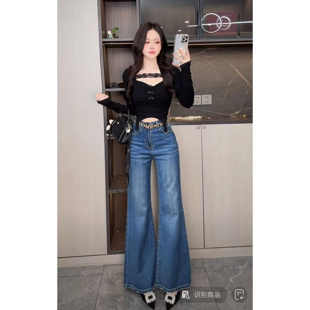 曼曼【神裤上线 】宽松直筒阔腿不贴腿喇叭牛仔裤~无腰带Z1575