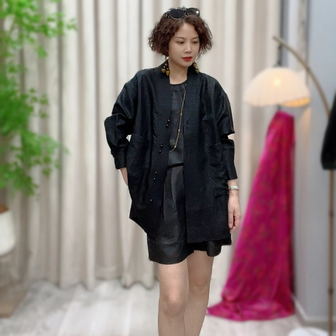 【恋蚕精选】100桑蚕丝香云纱龟裂纹原创设计时尚百搭款外套23026