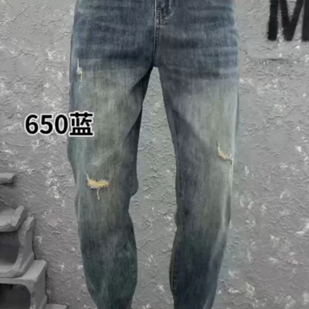 春季破洞中腰蓝色直筒裤直筒春夏浅色潮流男牛仔裤渐变水洗
