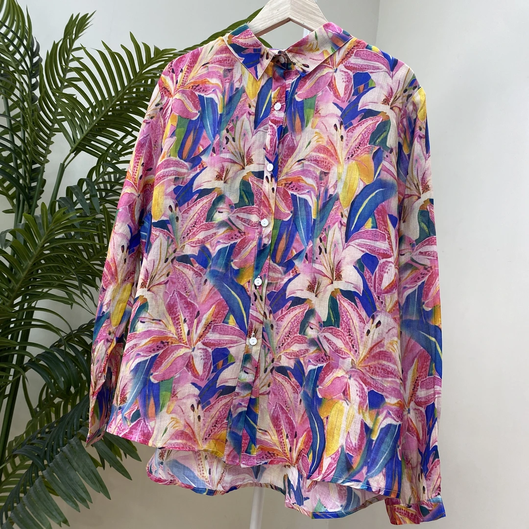 【绚彩粉百合大印花苎麻衬衫】3269